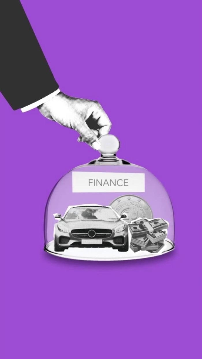 services-03 Creative collage showcasing finance themes with car, cash, and coins under a glass dome.